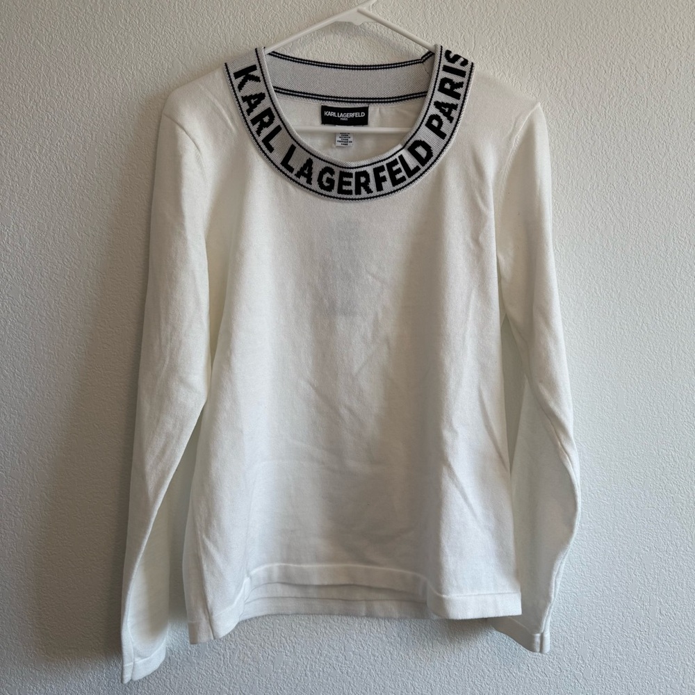 Karl Lagerfeld Women’s White Scoop Neck Knit Logo Sweater